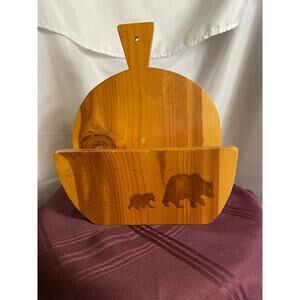Toadily Handmade Wood 8.5 inch Paper Plate Holder carved Bear and Cub signed EUC